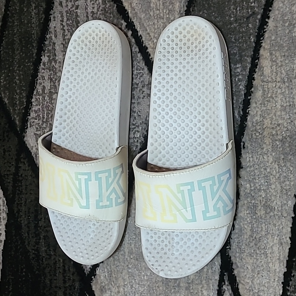 VS PINK WHITE OMBRE LOGO STRAP SLIDES SANDALS - Picture 2 of 9